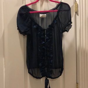 Navy Sheer Blouse with Rhinestone Buttons